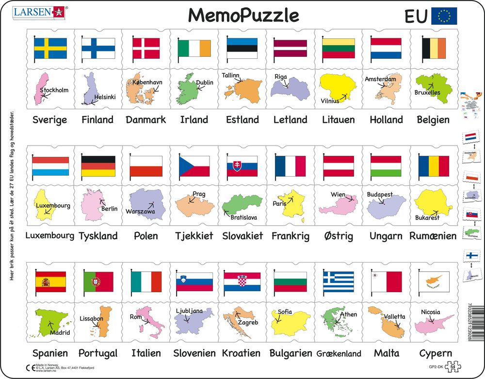 GP2 - MemoPuzzle: Names, Flags and Capitals of 27 EU Member States (Danish)