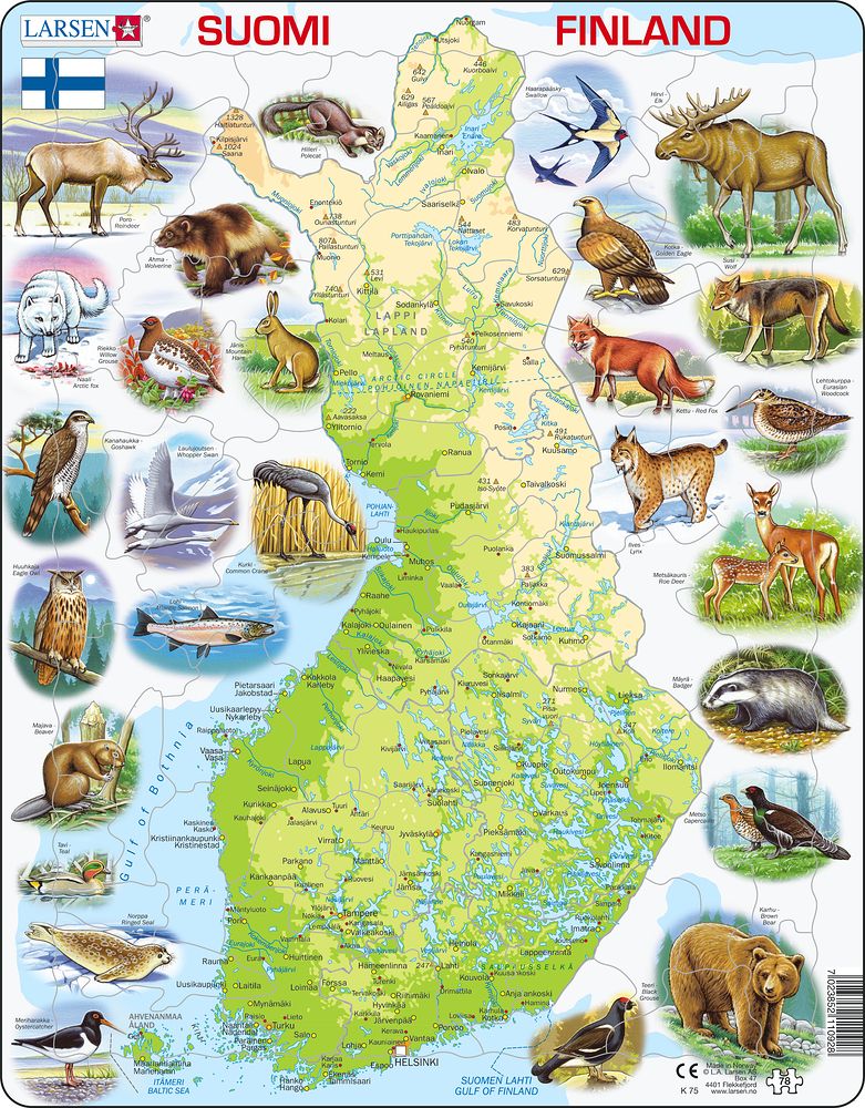 K75 - Finland Physical Map With Animals (Finnish)